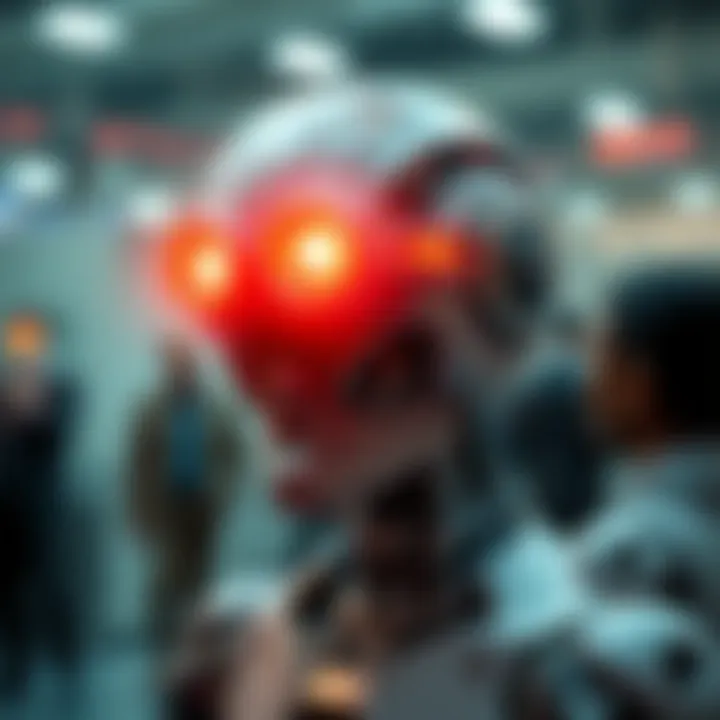 A robotic figure with glowing eyes representing sentience, surrounded by human figures in conversation.