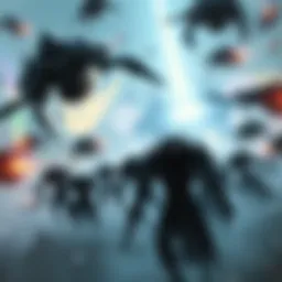 A fierce battle scene showing Sentients confronting Orokin forces, showcasing their advanced technology and evolving forms.