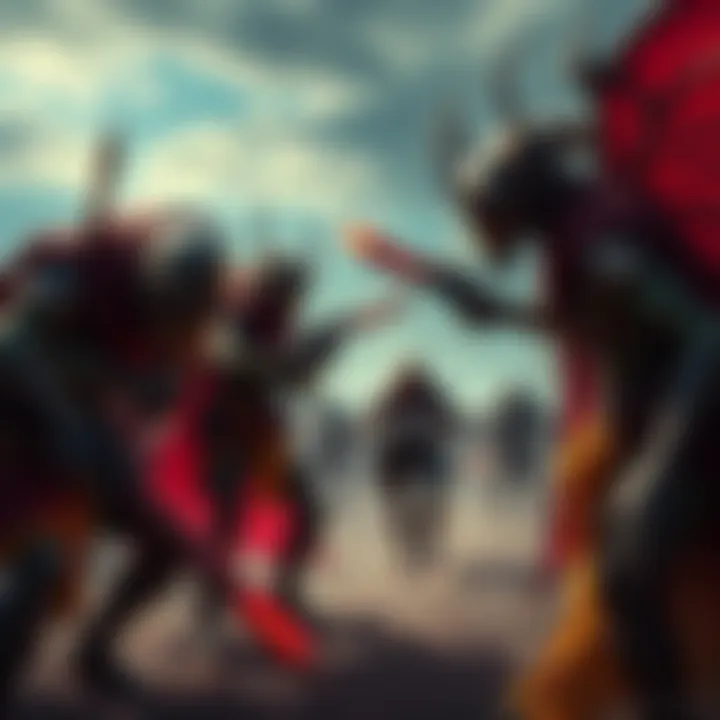 Seraphite characters face off against another group in a post-apocalyptic setting, showcasing their weapons and aggressive stance.