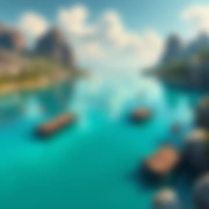 A tranquil scene of a clear lake with wooden platforms and rocky cliffs, perfect for a fantasy role-playing game.