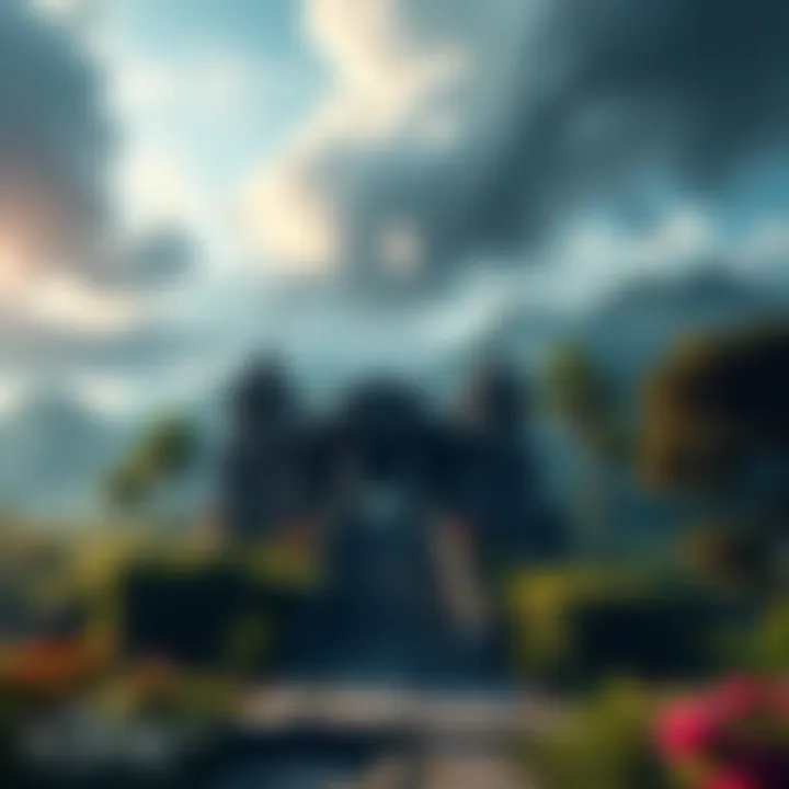 A peaceful temple surrounded by lush greenery and a stormy sky, showcasing the contrast between tranquility and nature's power in gaming.