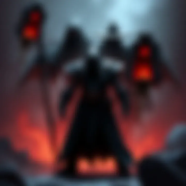 A dark, imposing figure representing a BBEG stands menacingly with a shadowy warlock patron looming behind, both exuding a threatening aura in a tabletop game setting.
