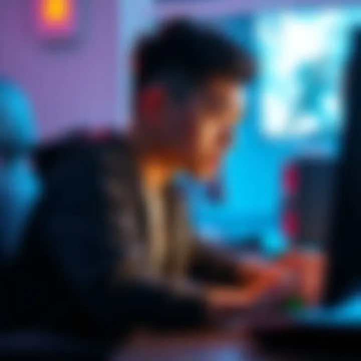 A person sitting in front of a computer, focused on playing a game with a serious expression
