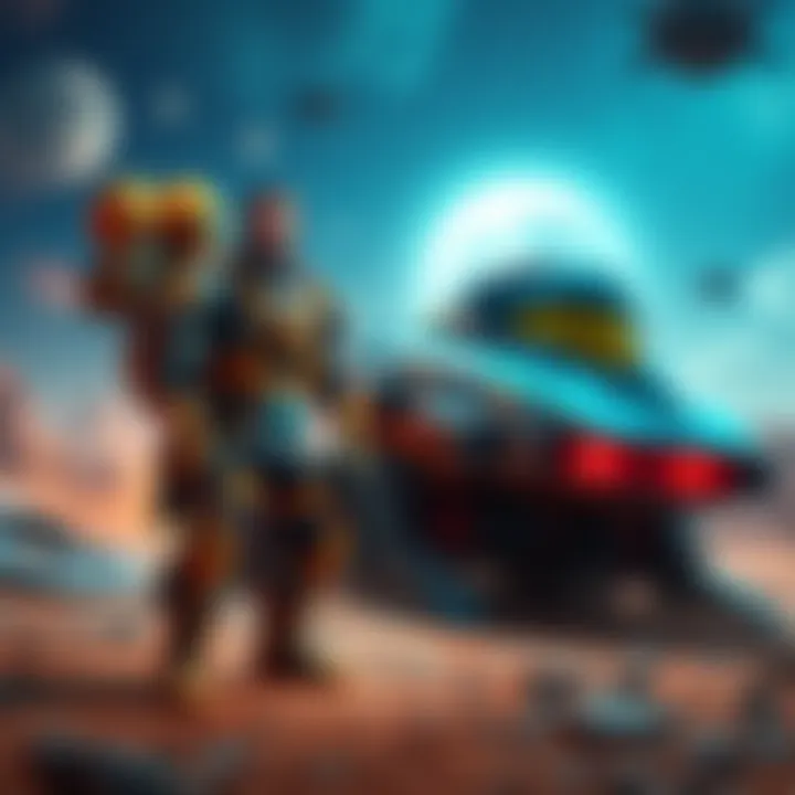 A Serious Sam character stands beside a Halo-like futuristic vehicle on a vibrant battlefield.