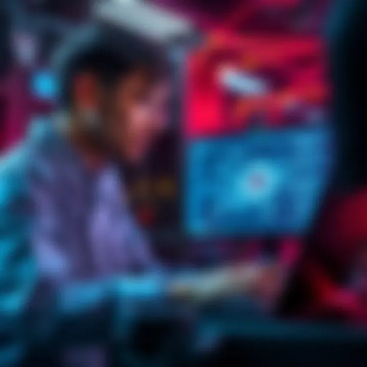 A technician checks a laptop for server connection issues while looking at a network diagram on a screen.