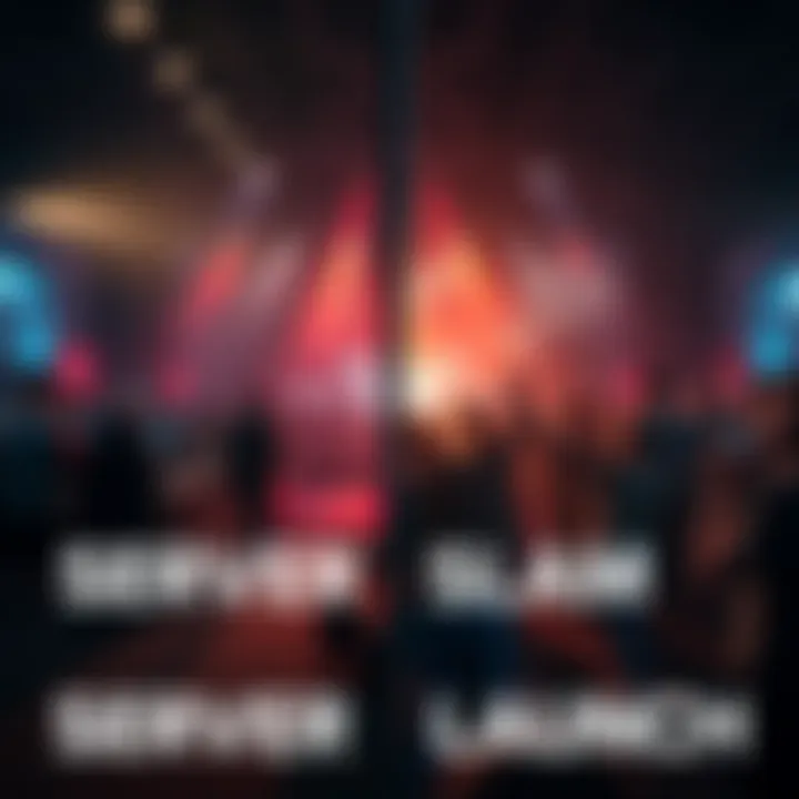 A split image showing a server slam event on one side with players testing the game and the official game launch on the other side with excited fans celebrating.