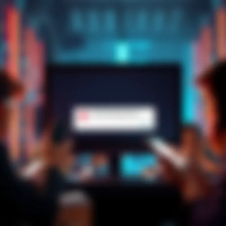 A computer screen displaying an error message indicating server issues, with frustrated people in the background looking at their devices.