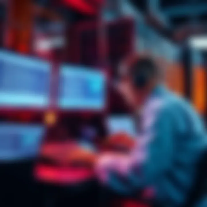 A technician diagnosing server issues at a workstation with multiple monitors displaying error messages and network diagrams