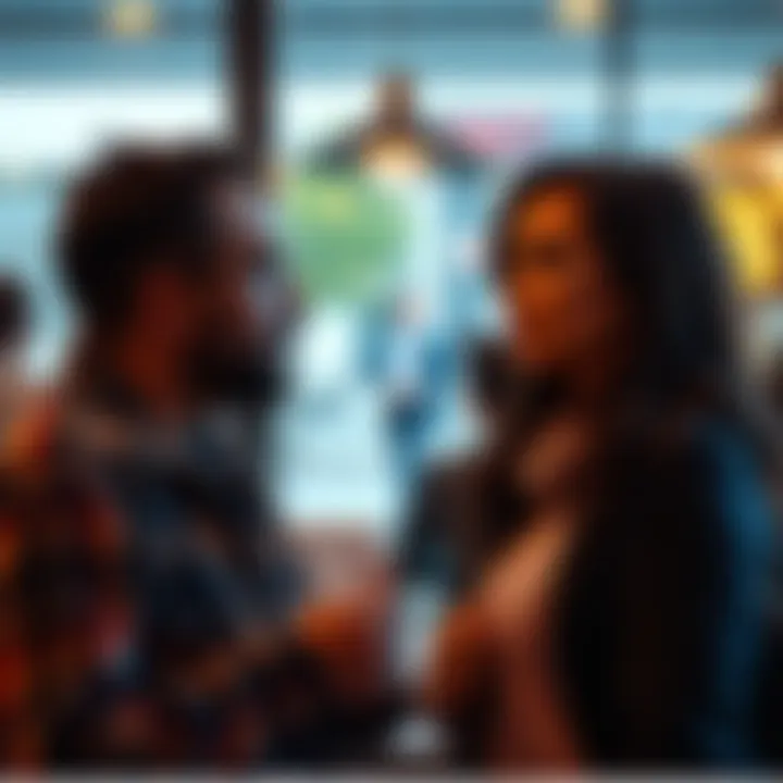 A person firmly communicating their boundaries while another person looks on with respect, set in a casual environment.