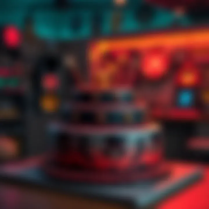 A large cake inspired by Sevagoth A cartoon-style large cake with dark themes, decorated with sinister designs resembling Sevagoth, placed on a table in a gaming-themed room.