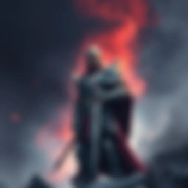 Sevagoth stands proudly in his armor, holding a sword and looking fierce, surrounded by a mystical atmosphere representing his character in Arknights.