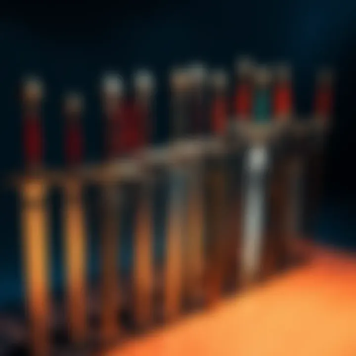 SFOTH swords display Various unique SFOTH swords arranged for viewing, showcasing their distinctive designs and features.