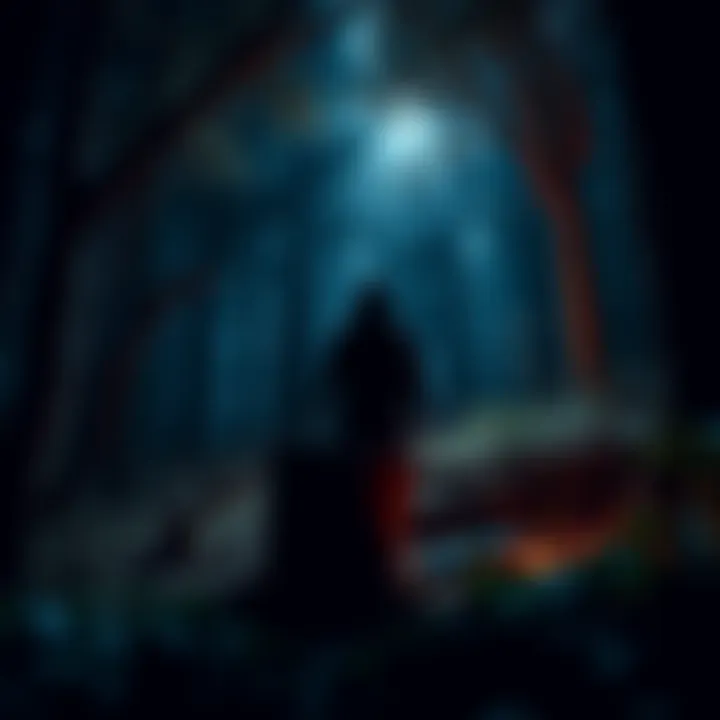 A dark silhouette resembling a shadow trapped in a wooden pail, surrounded by dense trees and underbrush in a mysterious forest