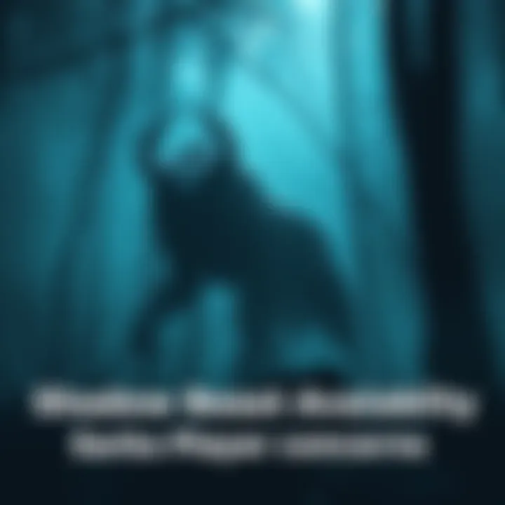 Shadow Beast in a Forest The Shadow Beast lurking in a dark forest, surrounded by mist and trees, emphasizing its mysterious presence.