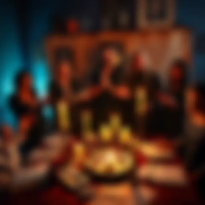 A group of individuals surround a table with candles, crystals, and financial documents, engaging in spellcasting ritual to attract wealth
