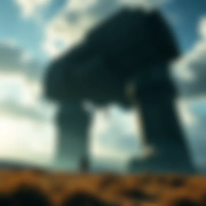A scene depicting a massive colossus towering over a hero in a vast landscape, symbolizing adventure and challenge in gaming.