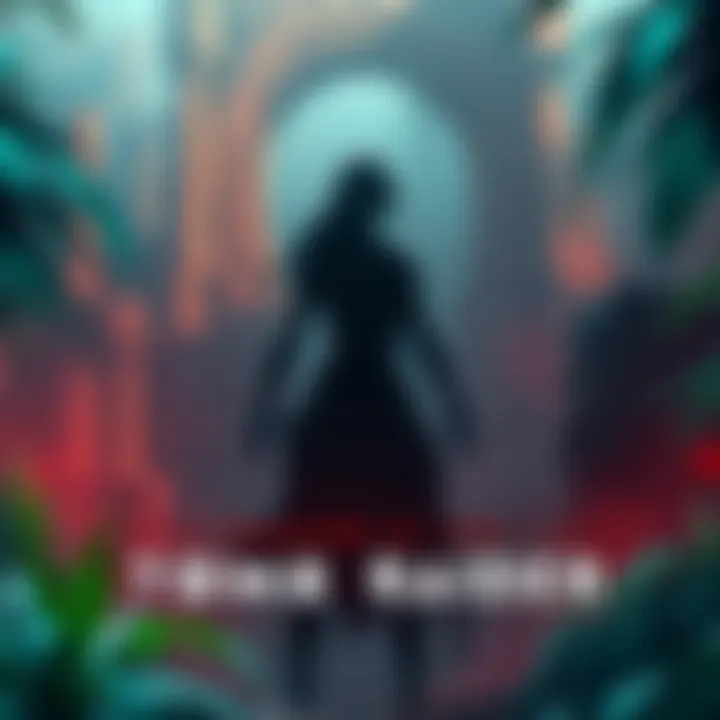 A shadowy figure representing the mysterious character from Shadow of the Tomb Raider, surrounded by jungle ruins.