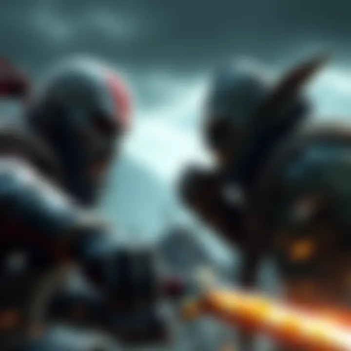 Two main characters from the games fighting against orcs in a fantasy setting