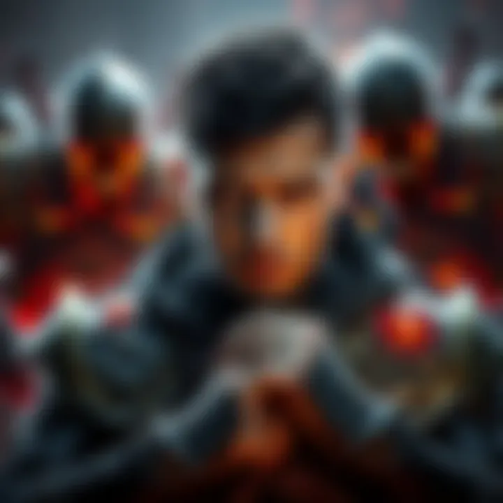 A gamer looks frustrated while playing Shadow of War at nemesis difficulty, surrounded by in-game enemies.