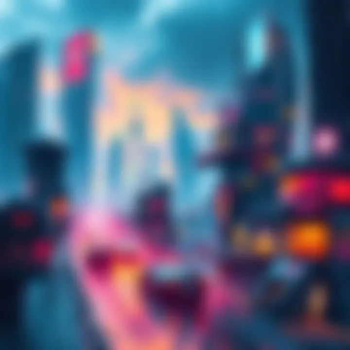 A vibrant, futuristic cityscape blending elements of magic and technology, showcasing the immersive world of Shadowrun