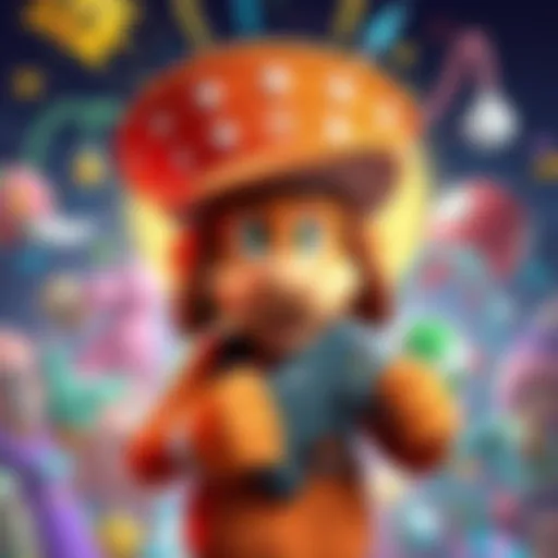 A cartoon version of Shaggy wearing a hat similar to Shigeru Miyamoto, holding a video game controller, surrounded by colorful artwork elements.