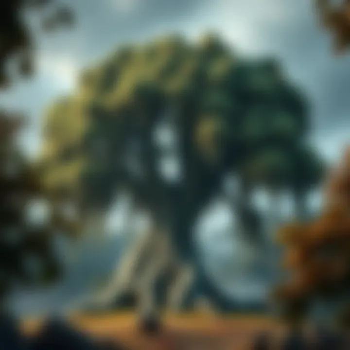A large tree named Shaladrassil with darkened, wilting leaves, symbolizing potential corruption, set in a mystical forest
