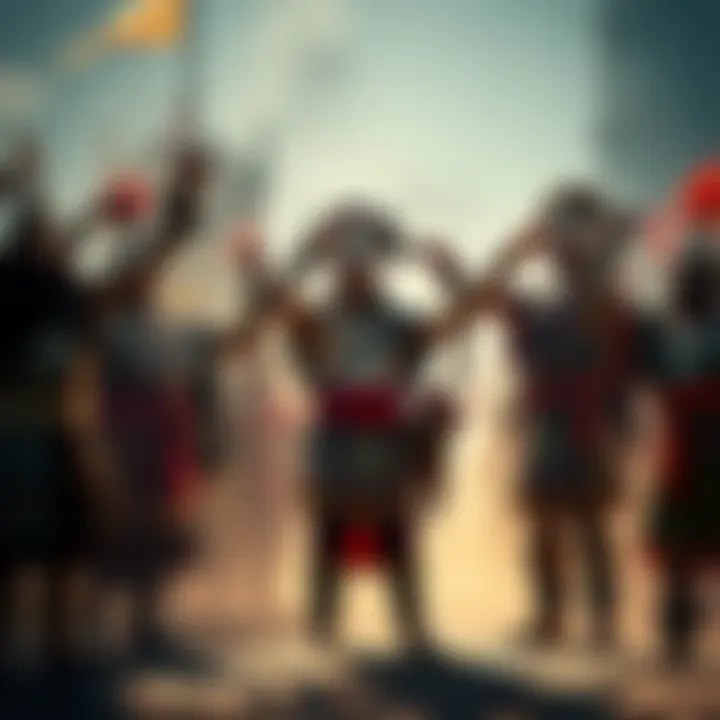Shaman Brethren Saluting Together A group of shaman dressed in traditional attire stands together, raising their fists in solidarity, showcasing unity in their ongoing fight.