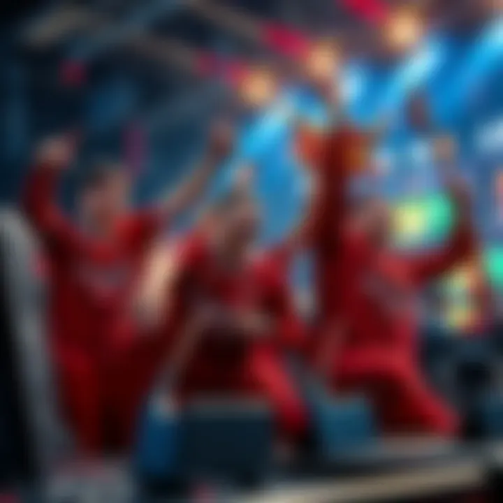 The Shanghai Dragons players celebrating a victory in a gaming arena, showcasing their team spirit and excitement for the comeback in 2025.