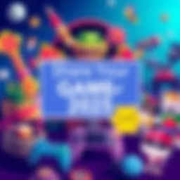 Share Your Game of 2025 A colorful illustration featuring various popular video game elements and characters with a text bubble inviting people to share their favorite game of 2025.