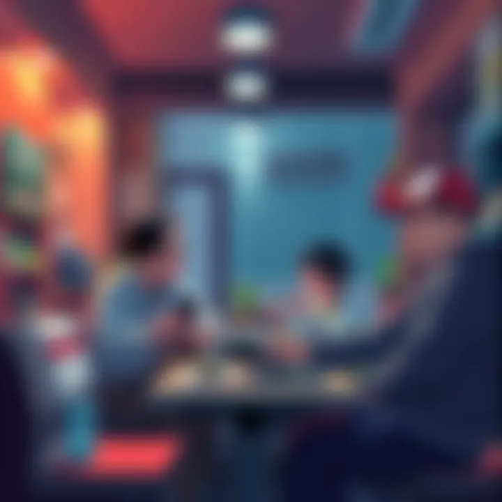 An illustration showing two distinct generations living together in a communal area, each engaged in different activities, representing shared spaces.