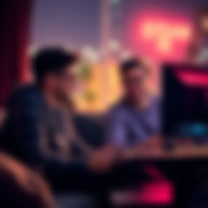 Two friends discussing how to share Steam games while living apart, with a computer and game controller in view.