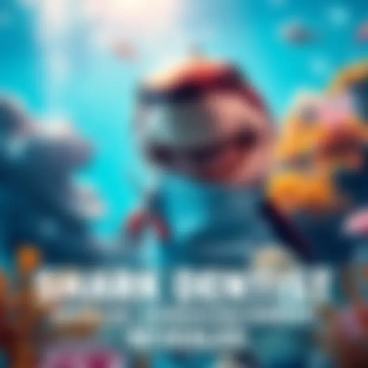 A vibrant underwater scene with a shark wearing a dentist apron, showing tools and colorful coral in the background.