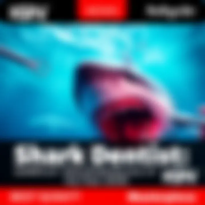 An underwater scene showing a shark interacting with dental tools in a colorful ocean environment