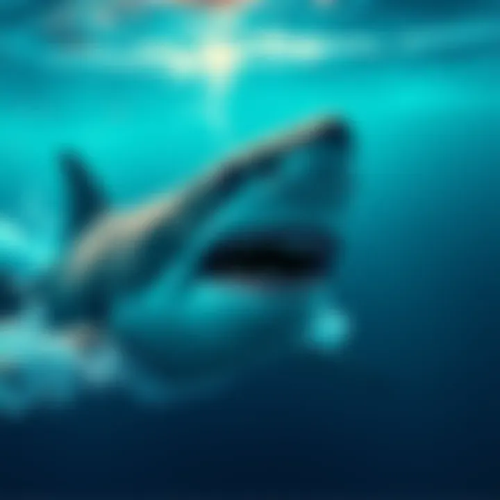 A person swimming in the ocean is startled by a shark approaching them from below the water surface, showing fear and shock on their face.