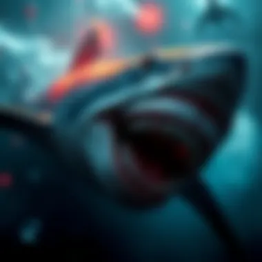 A fierce shark-themed character lurking in a dark ocean environment, ready to attack.