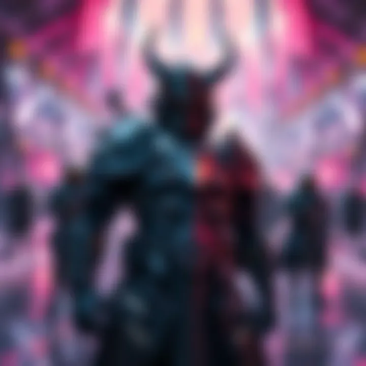Shaxx standing in a vibrant Crucible arena, showcasing his armor and weapons, with players in the background.