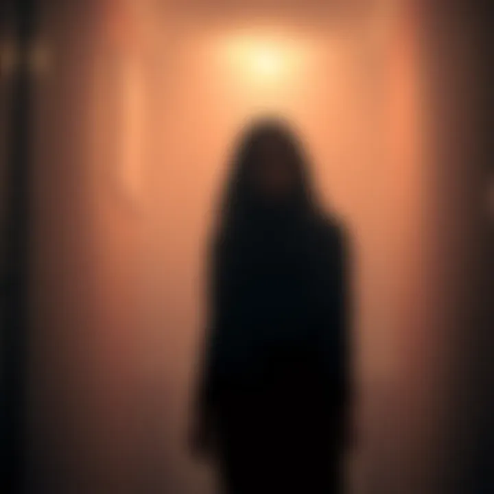 A woman named Sheena standing in a dimly lit room, looking confused and surrounded by shadows, reflecting her feeling of déjà-vu.