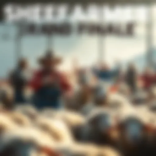 Farmers showcasing their skills in a sheep handling contest, surrounded by sheep and a cheering crowd