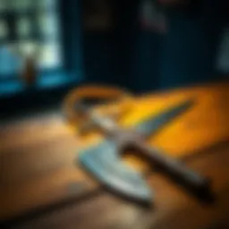 A shepherd's sling and a hook sword resting on a wooden table, showcasing their unique designs and textures.