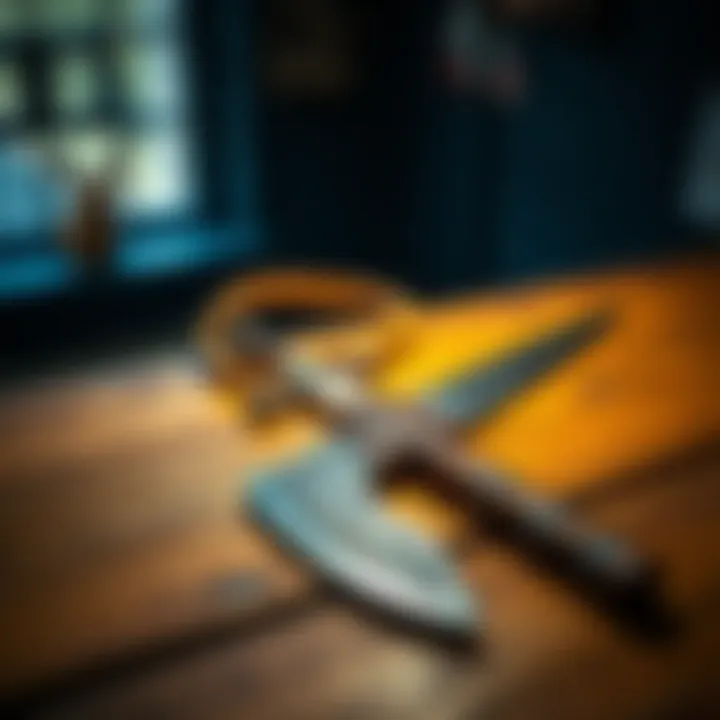 A shepherd's sling and a hook sword resting on a wooden table, showcasing their unique designs and textures.