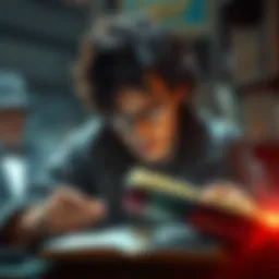 Sherlock Félix Holmes examining multiple books and notes, looking for connections between different tales.