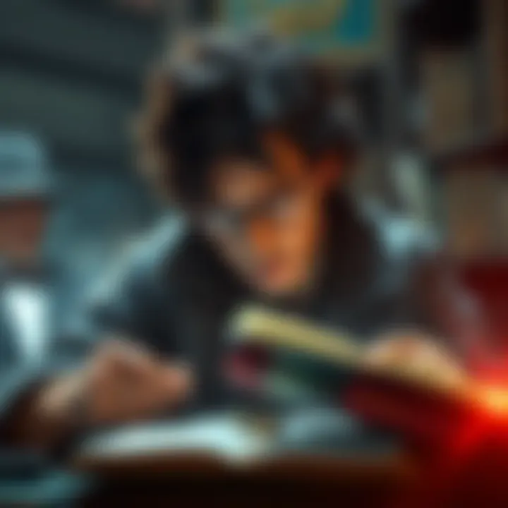 Sherlock Félix Holmes examining multiple books and notes, looking for connections between different tales.