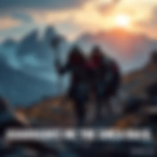 A sherpa leading three guardians through a rugged terrain in a fantasy setting, preparing for raids, with a sunset in the background