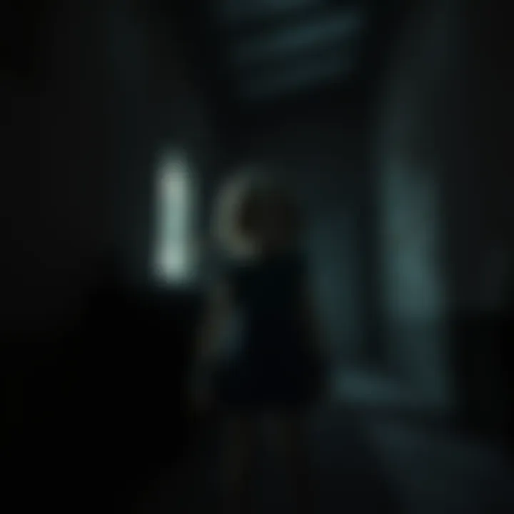 Sherry stands in a dimly lit room of an orphanage, looking frightened, with creepy shadows on the walls.