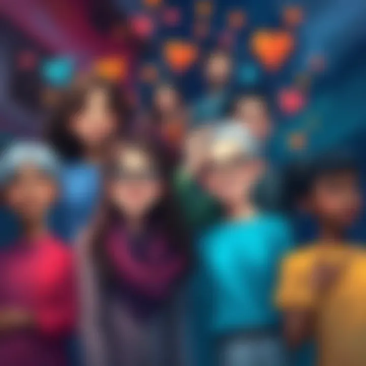 A vibrant artwork showcasing a diverse group of people connected by bonds of friendship and love, illustrating the concept of found family.