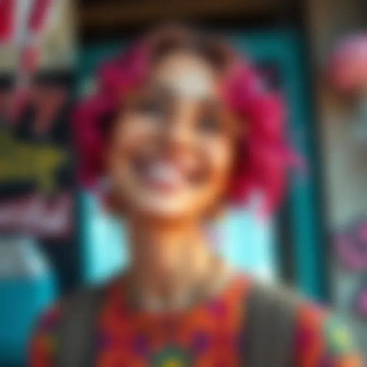 An art piece depicting Sherry, a vibrant character at 40, embodying a lively and youthful essence. She wears colorful clothing and has a cheerful expression.