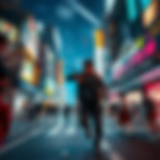 Character battling in a vibrant Shibuya street filled with neon lights and crowds