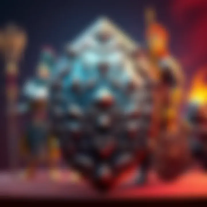 A detailed fantasy shield displayed in front of various character builds