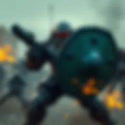 A tank character in armor holding a shield defending against enemy attacks in a battle scene