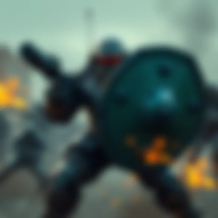Shield tank character in combat A tank character in armor holding a shield defending against enemy attacks in a battle scene